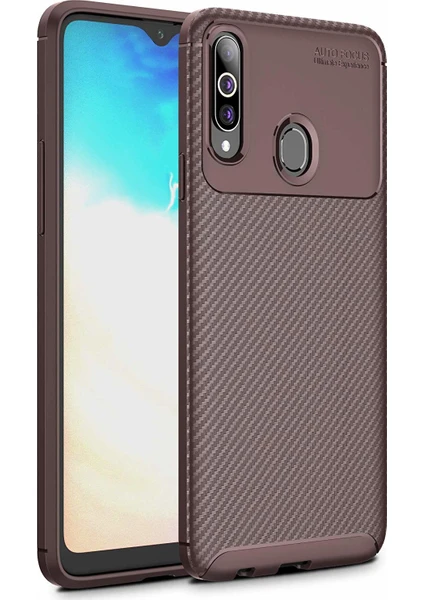 Case 4U Samsung Galaxy A20S Kılıf Karbon Desenli Sert Silikon Arka Kapak Negro Kahverengi