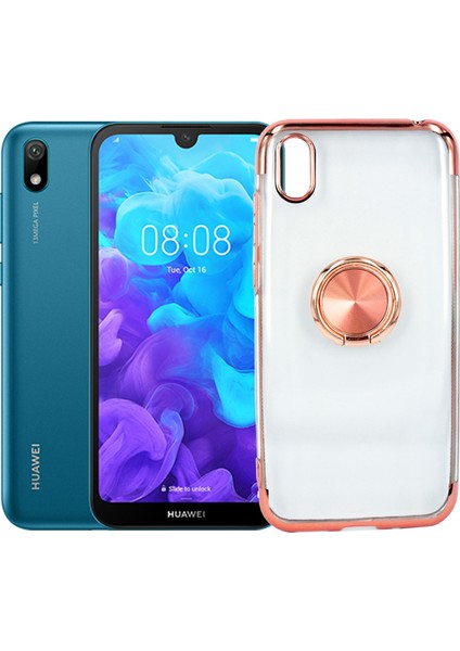 Huawei Y5 2019 Kılıf Yüzüklü Standlı Manyetik Silikon Gess Arka Kapak Rose Gold