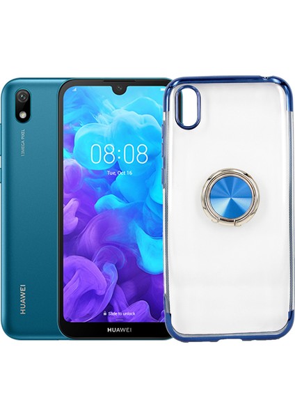 Huawei Y5 2019 Kılıf Yüzüklü Standlı Manyetik Silikon Gess Arka Kapak Mavi