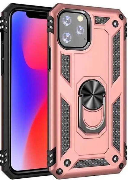 Apple iPhone 11 Pro Kılıf Çift Katmanlı Yüzüklü Manyetik Vega Arka Kapak Rose Gold
