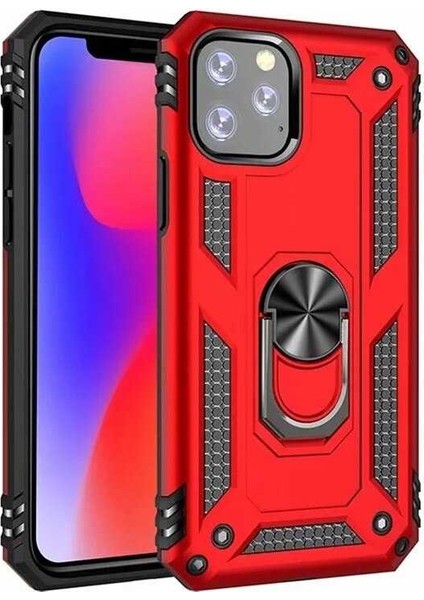Apple iPhone 11 Pro Kılıf Çift Katmanlı Yüzüklü Manyetik Vega Arka Kapak Kırmızı