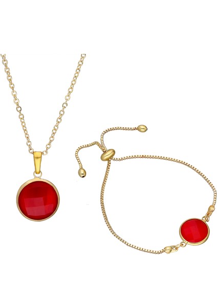 Bayan Kırmızı Yuvarlak Taşlı Kolye Küpe Set Ps0482