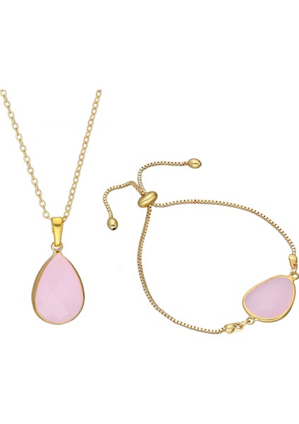 Altın Kaplama Bayan Pembe Taşlı Kolye Bileklik Set Ps0478