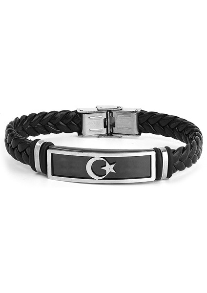 Erkek Çelik Ay Yıldız Siyah Bileklik Ps1002