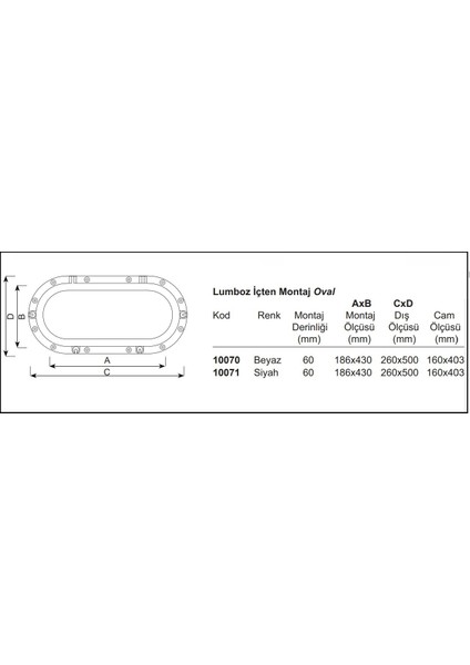 10070 Oval Içten Montaj Lumboz Beyaz