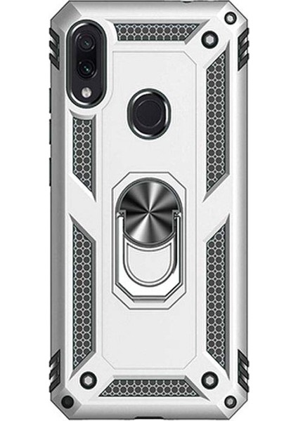 Xiaomi Redmi Note 7 Kılıf Vega Standlı Yüzüklü Mıknatıslı + Nano Glass Gümüş