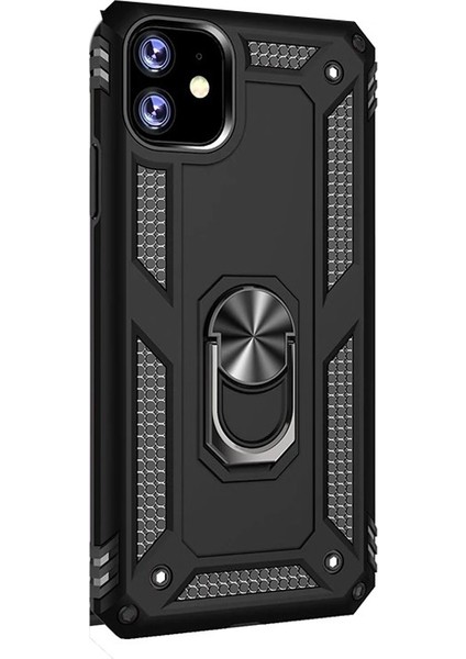Apple iPhone 11 Kılıf Çift Katmanlı Yüzüklü Tank Vega Koruma Siyah