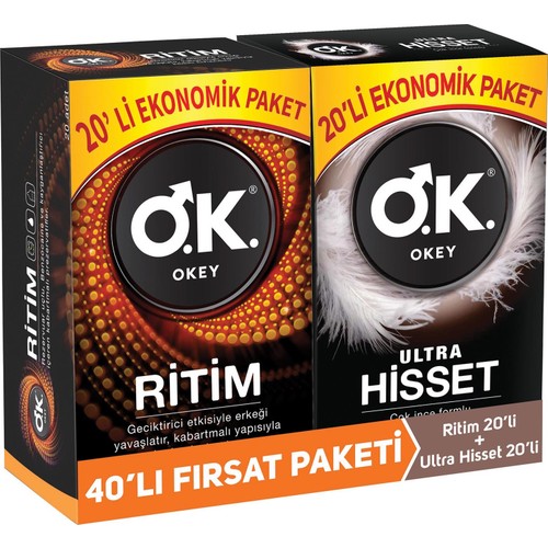 Okey Ritim 20’li + Okey Ultra Hisset 20’li Prezervatif Fırsat Paketi (40 Prezervatif)