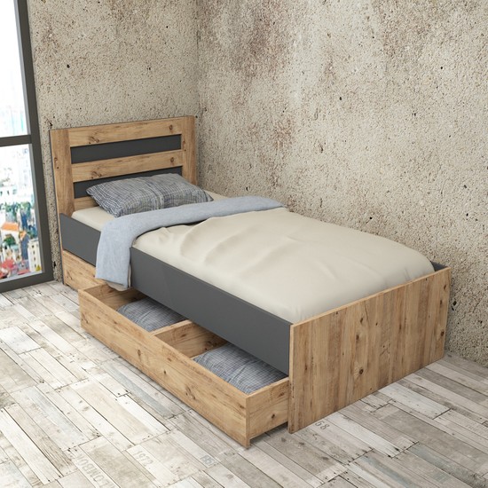 Yurudesign Negan Tek Kişilik Çekmeceli Karyola ÇamAntrasit Fiyatı