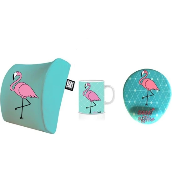 Office Küp 3'lü Ofis Seti Bel Yastığı Kahve Bardağı Mouse Pad Turkuaz Flamingo