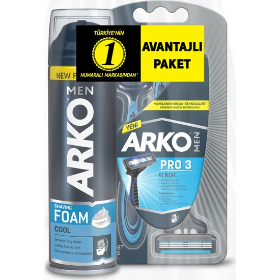 Arko Men T3 Pro 3 Bıçaklı Tıraş Bıçağı 3'lü & Cool Tıraş Köpüğü 200 ml Avantaj Paketi