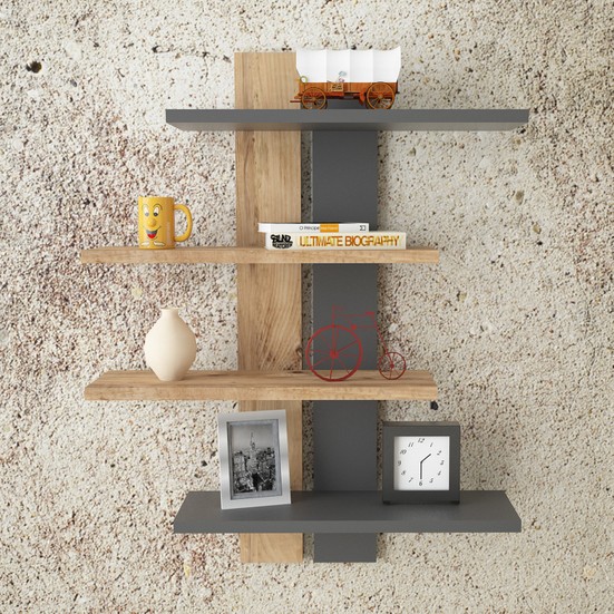 Yurudesign Spring Duvar Rafı Kitaplık 4 Raflı ÇamAntrasit Fiyatı
