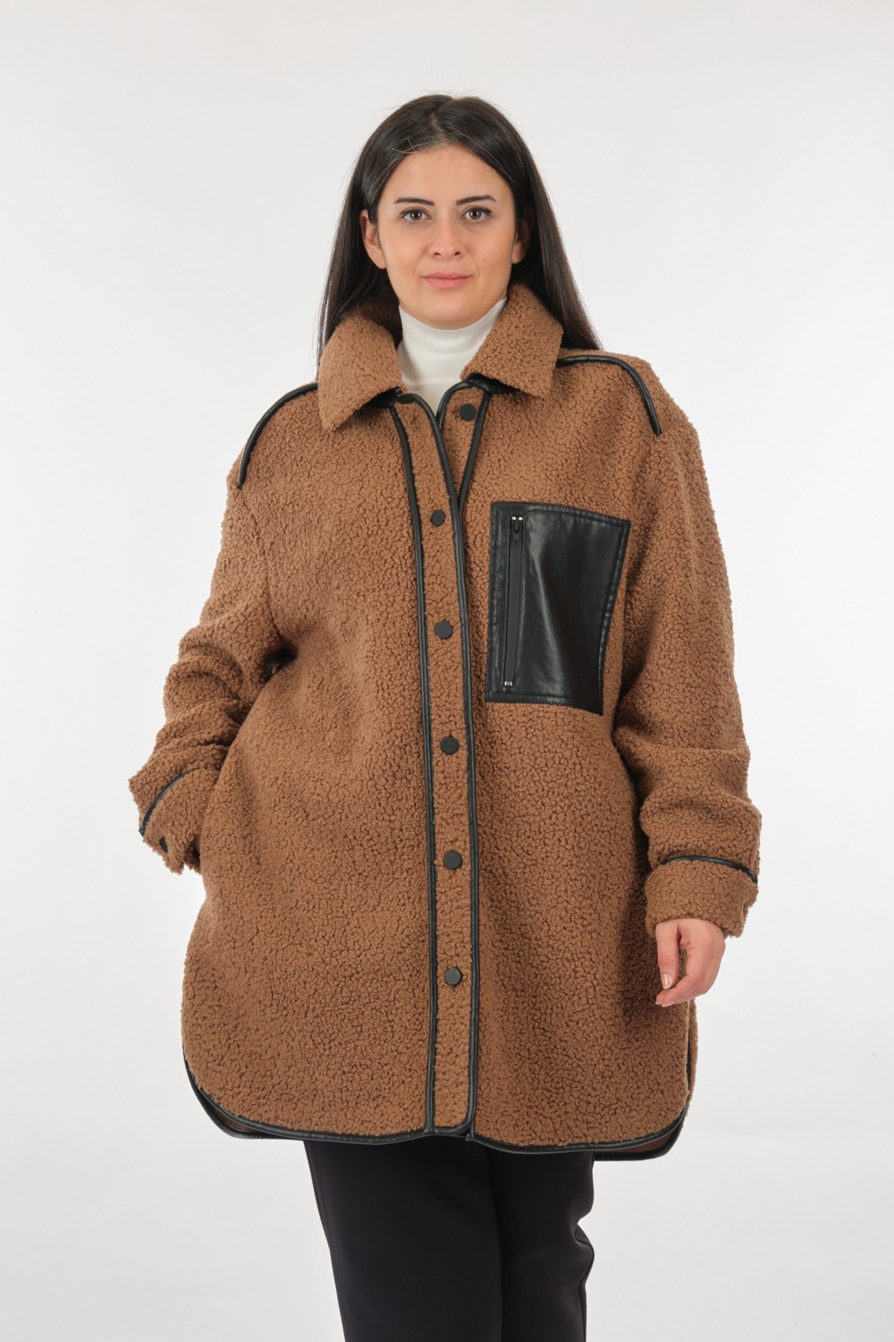 Ekol Oversize Midi Kaban - Deri Detaylı, Sıcak, Şık