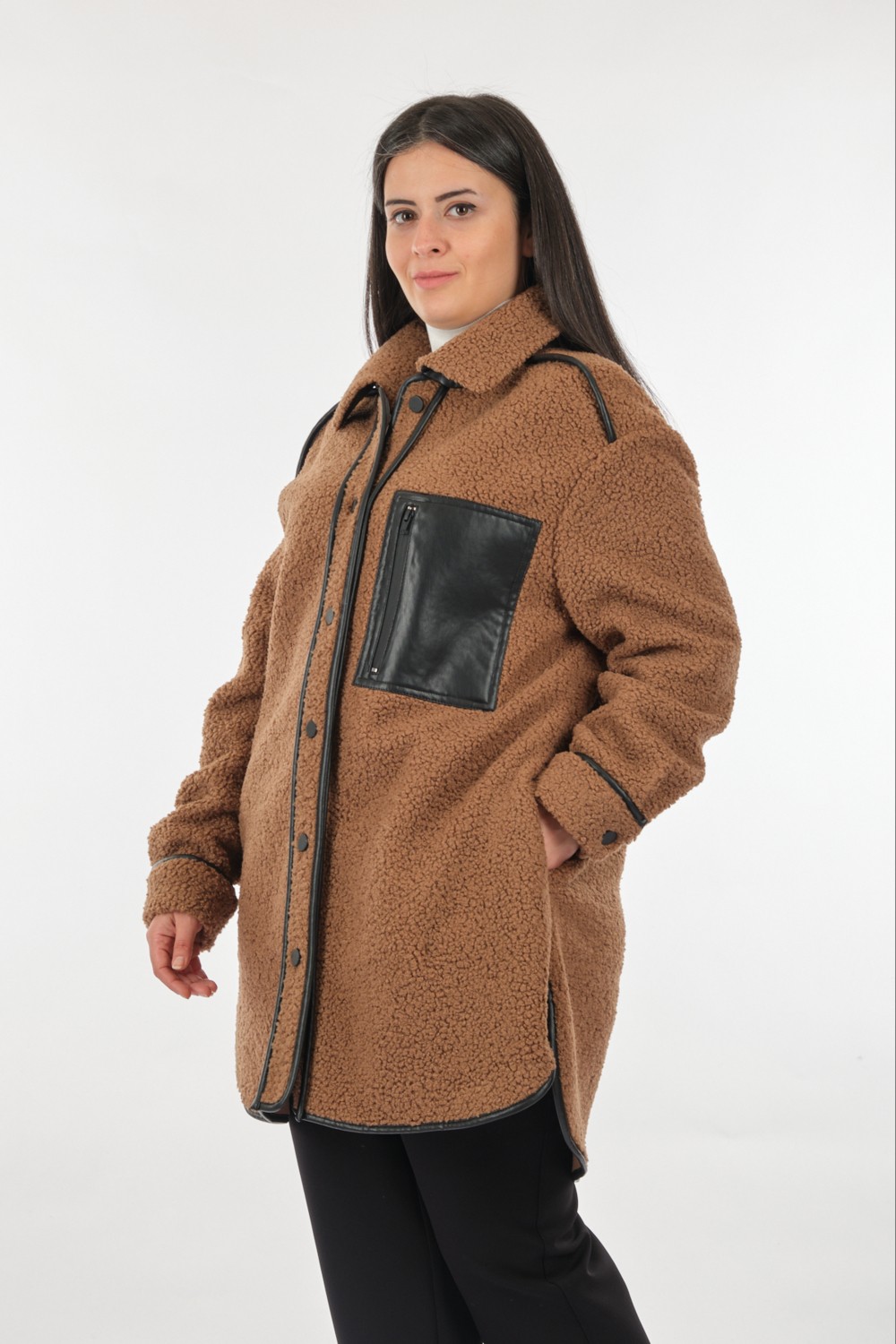 Ekol Oversize Midi Kaban - Deri Detaylı, Sıcak, Şık görsel 2