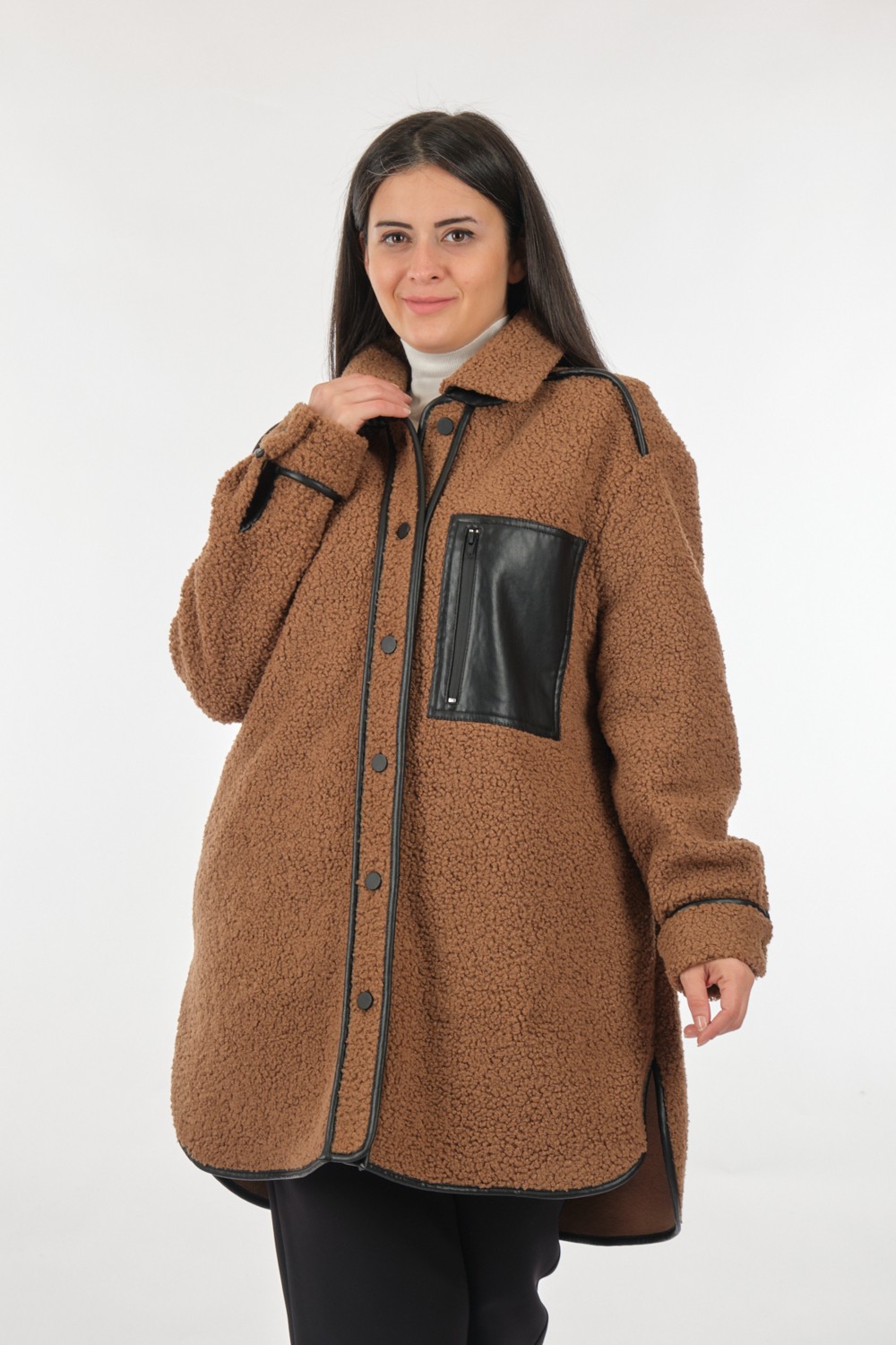 Ekol Oversize Midi Kaban - Deri Detaylı, Sıcak, Şık görsel 4