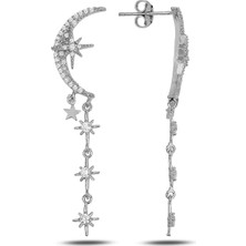 Söğütlü Silver Gümüş Rodaj Zirkon Taşlı Tasarım Ay , Kutup Yıldızı Sallantılı Küpe
