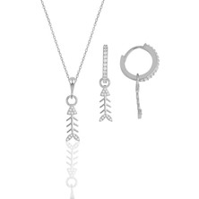 Söğütlü Silver Gümüş Rodyumlu Zirkon Taşlı Balık Kılçığı Modeli Kolye ve Küpe Ikili Set