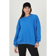Neşeli Butik Kadın Mavi Oversize Bisiklet Yaka Şardonlu Sweatshirt FVR001