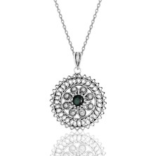 Söğütlü Silver Gümüş Yeşil Taşlı Oksitli Telkari Işlemeli Kolye