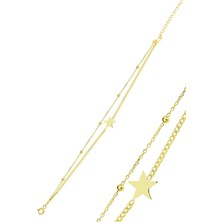 Söğütlü Silver Gümüş Altın Yaldızlı Gurmet ve Top Top Çift Zincirli Yıldız Bileklik