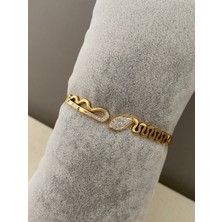 Zeyna Accessories Taş Detaylı Kararma Yapmayan Gold Antialerjik Paslanmaz Çelik Kelepçe Bileklik