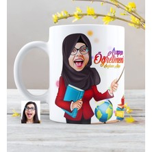 BK Kişiye Özel Tesettürlü Bayan Öğretmen Karikatürlü Beyaz Kupa Bardak - 1