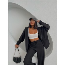 Julishop Julishop siyah Ottoman Fitilli Kapüşonlu Fermuarlı Sweatshirt ve Pantolon Eşofman Takımı