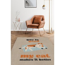 Homshtag Hayat Kedimle Güzel Bej Turuncu Halı Kedi Figürlü Salon Halısı Modern Genç Odası Halısı