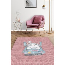 Homshtag Her Gün Mutlu Ol Pembe Renkli Salon Halısı Özel Tasarım Halı Kedi Sever Salon Halısı