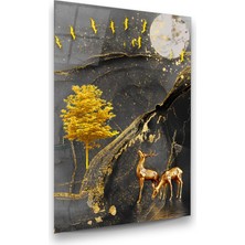Glass Art Altın Geyikler Dikey Cam Tablo