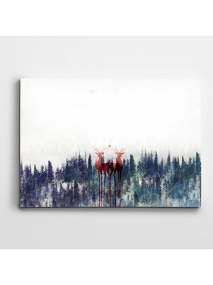Dekolata Ormanda Kırmızı Geyik Siluetleri Kanvas Tablo