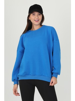 Neşeli Butik Kadın Mavi Oversize Bisiklet Yaka Şardonlu Sweatshirt FVR001