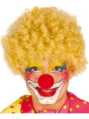 Sarı Renk Kıvırcık Afro Bonus Peruk Takma Saç ve Kırmızı Burun Seti