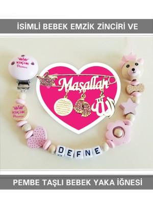 Sahi Aksesuar Isimli Bebek Emzik Zinciri ve Pembe Taşlı Bebek Yaka Iğnesi