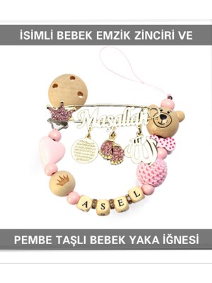 Sahi Aksesuar Isimli Bebek Emzik Zinciri ve Pembe Taşlı Bebek Yaka Iğnesi