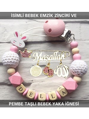Sahi Aksesuar Isimli Bebek Emzik Zinciri ve Pembe Taşlı Bebek Yaka Iğnesi
