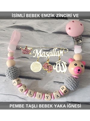 Sahi Aksesuar Isimli Bebek Emzik Zinciri ve Pembe Taşlı Bebek Yaka Iğnesi