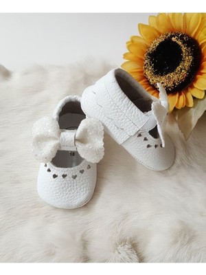 Hodore Alice Hakiki Deri Taşlı Beyaz Bebek Makosen