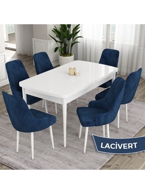 Canisa Concept Ram Serisi, 80X132 Açılabilir Beyaz Yemek Masası Takımı, 6 Babyface Kumaş Sandalye