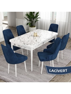 Canisa Concept Ram Serisi, 80X132 Açılabilir Yemek Masası Takımı, Beyaz Mermer Desen Masa, 6 Babyface Kumaş Sandalye