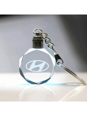 7/24 Hediye Hyundai Logolu 2D Patlatma Kristal Anahtarlık Mavi LED Işıklı Şeffaf Cam Tasarım