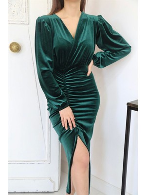 Elbee Fashion Woman Yırtmaçlı Kadife Elbise - Zümrüt