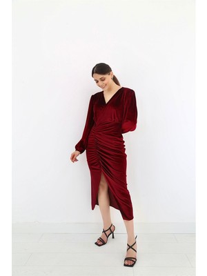 Elbee Fashion Woman Yırtmaçlı Kadife Elbise - Bordo