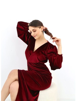 Elbee Fashion Woman Yırtmaçlı Kadife Elbise - Bordo