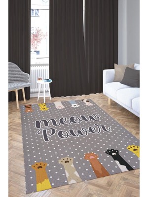 Homshtag Miyav Gücü Gri Renkli Kedi Temalı Halı Çok Renkli Çocuk Odası Halısı Kreş Anaokulu Halısı