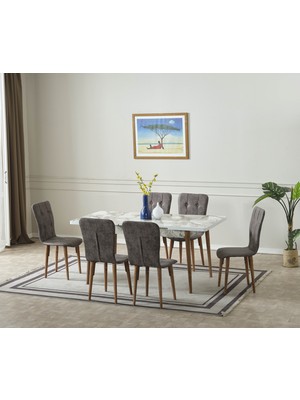 NckHome Furniture Ares 6 Kişilik Açılır Yemek Masası Takımı - Sandalye Ince Belli Koyu Gri - Istinye 25 - Masa Efes - Ayaklar Doğal Ahşap