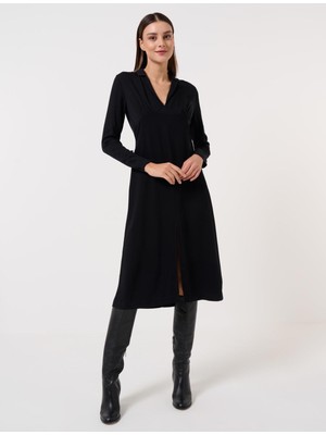 Jimmy Key Kadın Siyah Düz Kesim Ceket Yaka Uzun Kollu Midi Elbise
