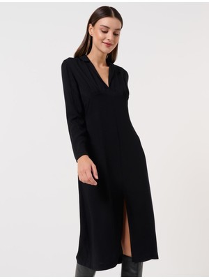 Jimmy Key Kadın Siyah Düz Kesim Ceket Yaka Uzun Kollu Midi Elbise