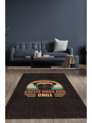 Homshtag Kahven ve Köpeğinle Rahatla Kahverengi Halı Dekoratif Köpekli Halı Dokulu Salon Halısı