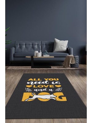 Homshtag Köpek ve Aşk Siyah Sarı Renkli Halı Düz Renkli Hayvan Sever Halısı Köpek Figürlü Halı